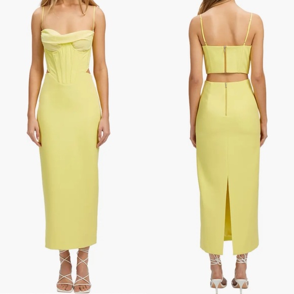 Bardot Dresses Bardot Med Martini Corset Cutout Midi Dress Yellow Corset Open Back Satin